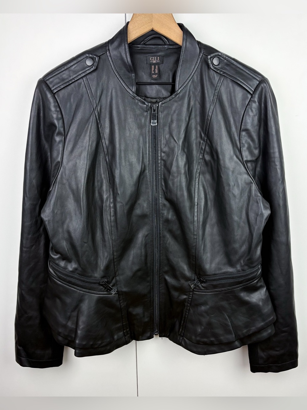 G.I.L.I. Vegan Faux Leather Peplum Moto Black Jacket Coat Size XL Biker Grunge
